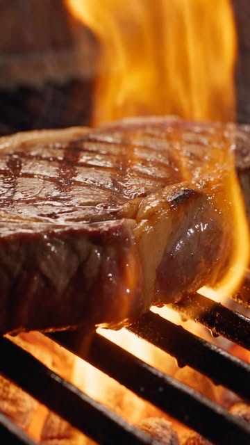 Corte de carne sobre la parrilla con llamas